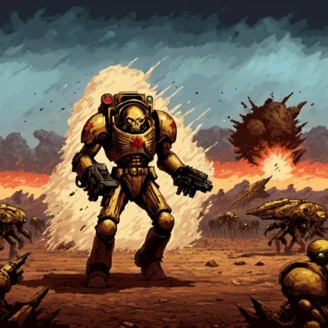 a polished gold trmntr with no helmet holding an assault cannon walks across an alien battlefield searching for enemies, rockets streak across the sky and explode into the landscape, apxlz