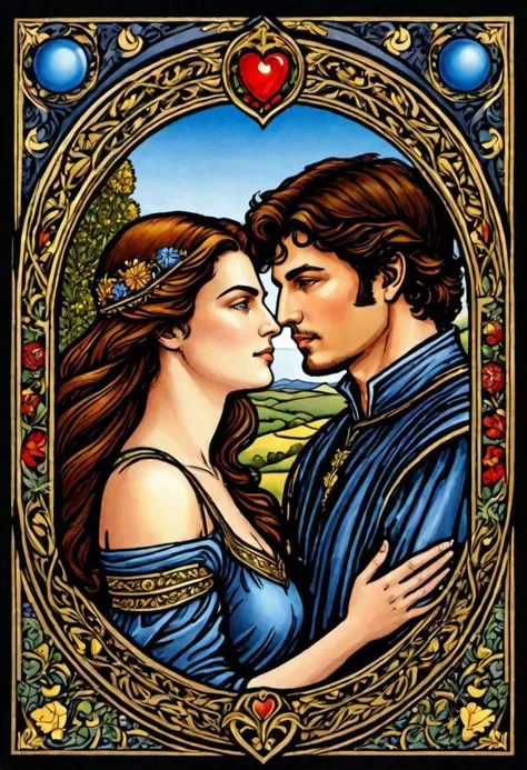 solo focus, masterpiece, award winning illustration of the lovers, tarot card, extremely detailed, highly detailed portrait