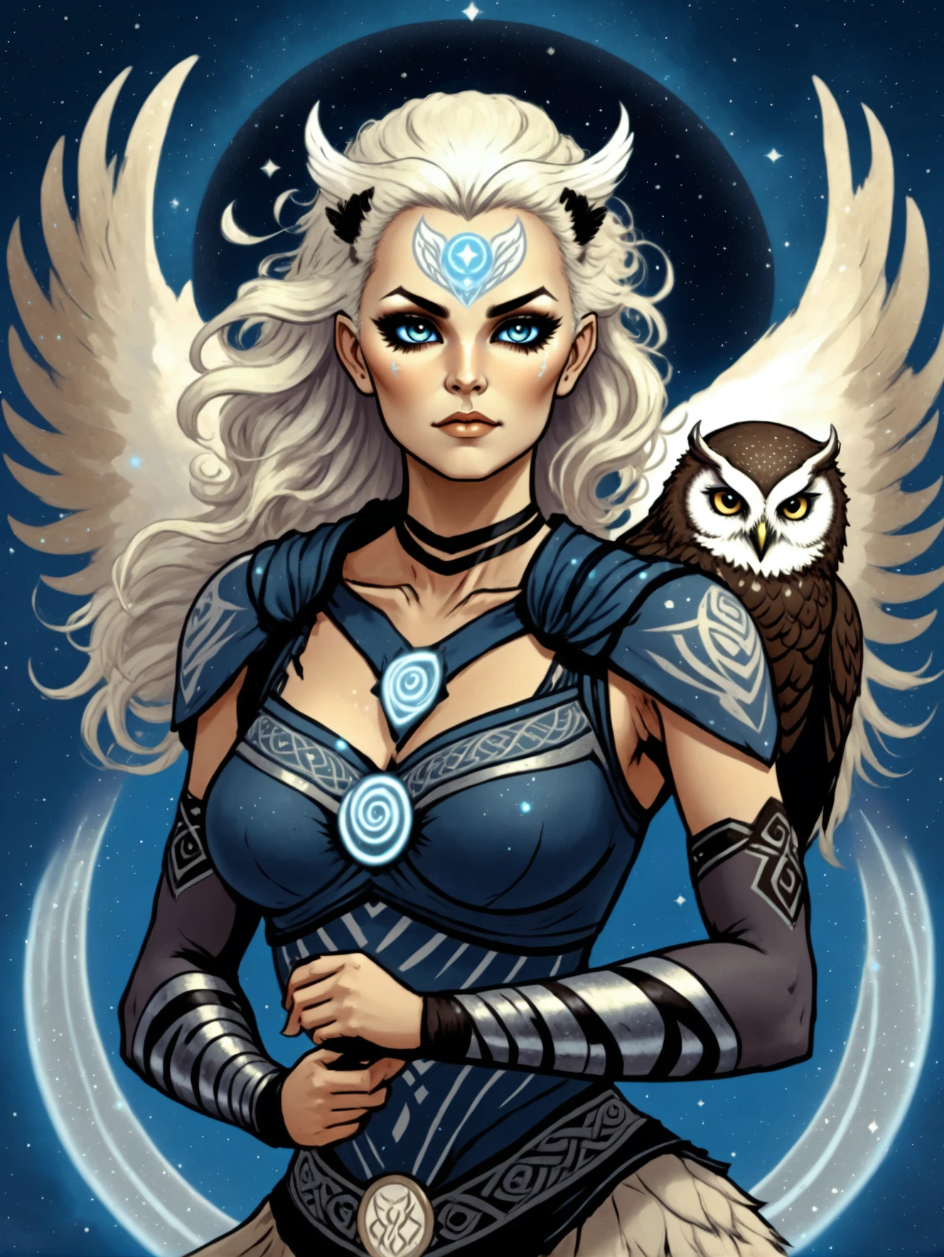 anime comics style, celestial, 1girl, woman, fierce arctic celtic medicine woman, athletic, pauldrons, (warpaint:1), deep platinum hair, bombshell curly hair, seiza with a pet Owl, bombshell hair, blonde hair, Ballerina Bun,pointy hair, hourglass figure, (asian:1.3)<lora:EnvyCelestialXL02:5>