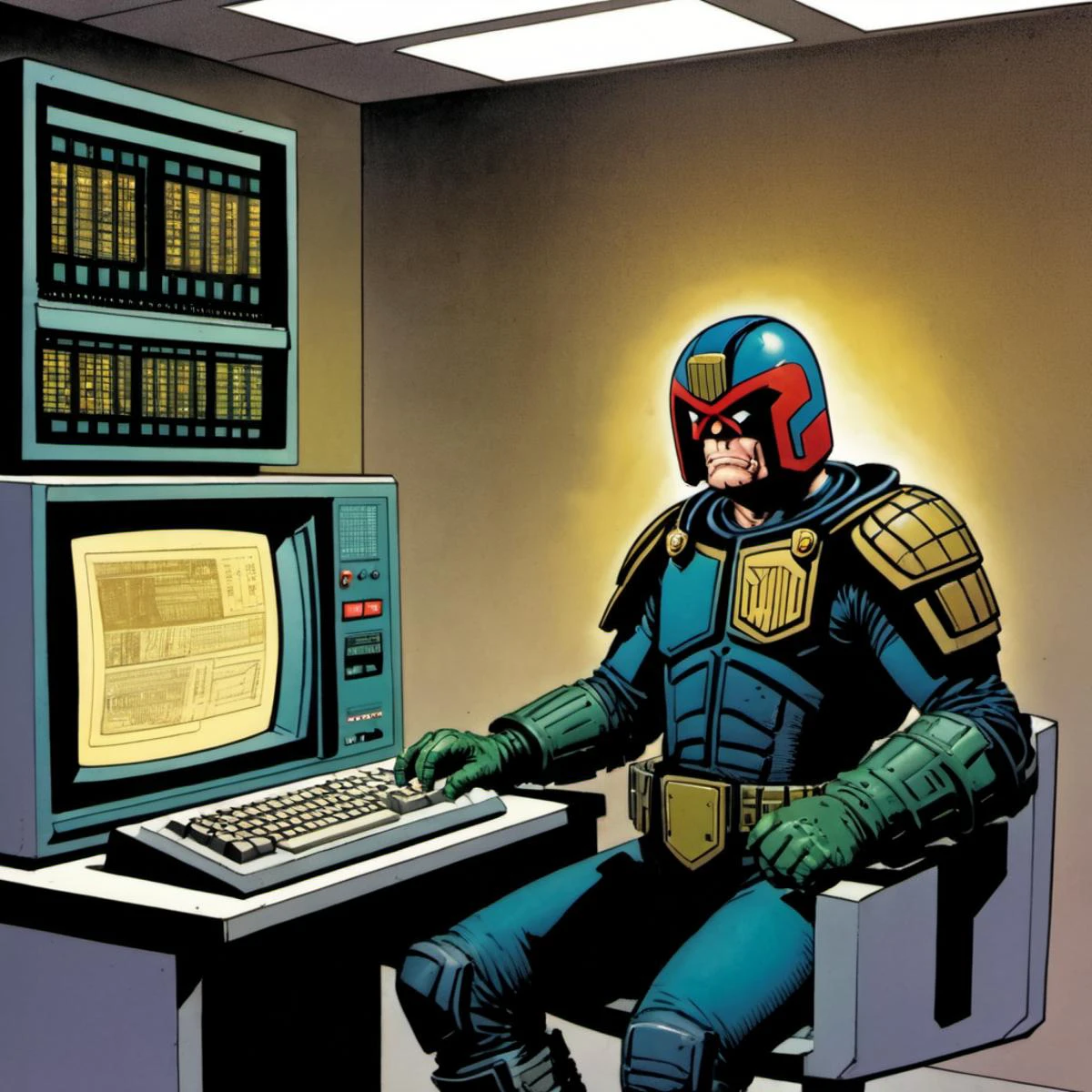 judge dredd, 2000AD style, by John Wagner, alone, solo, reading a technical manual, in front of a 1980s IBM Mainframe computer,