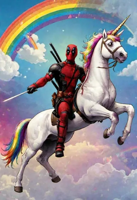 Deadpool1024,
, riding a unicorn, 
,rainbow in the background,