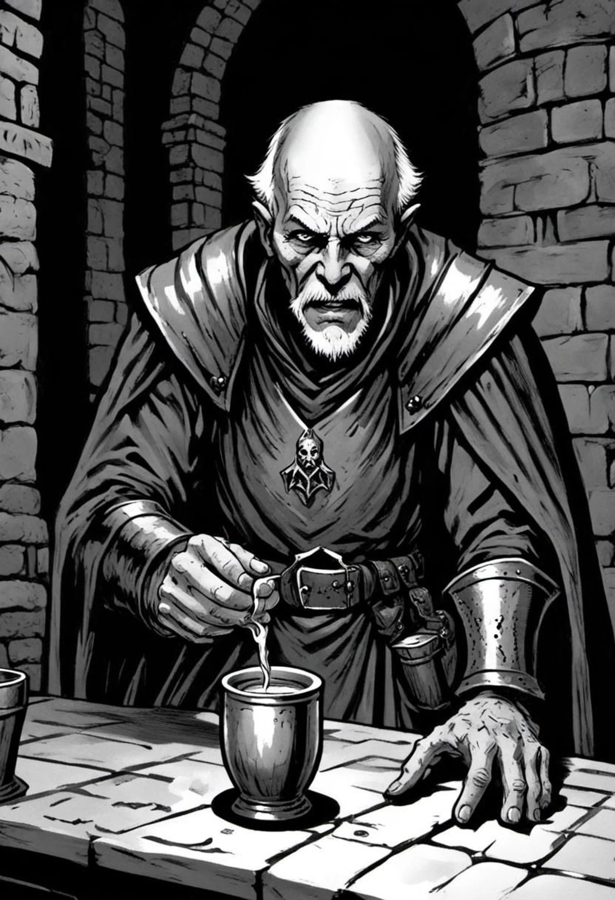old human man evil assassin poisoning a cup, kings hall, dungeon, classic D&D style, B/W, best quality:1.2) (sharp focus:1.1), higly detailed, character sheet