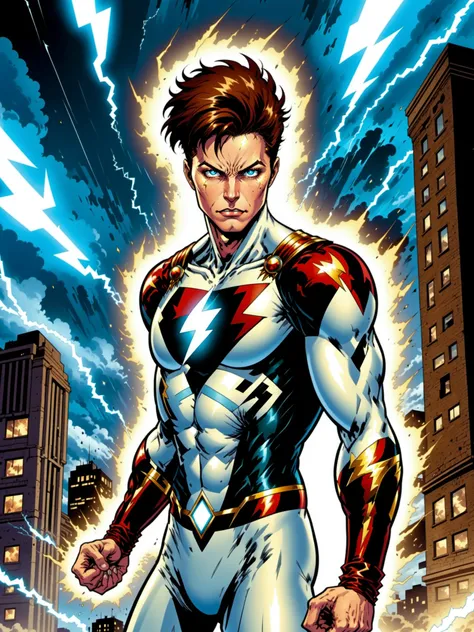 1boy, male focus, solo, looking at viewer, afraid, fearful look,  brown hair, white body suit, lightning bolt symbol, thunderstorm, gold eyes, hands behind head, dc comics, lightning bolt streaks, lightning fast, outdoors, city, sky, clouds