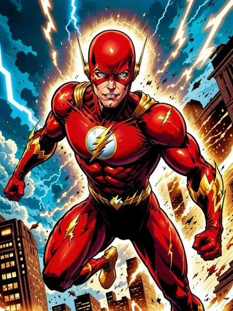 iboy, male focus, solo, looking at viewer, red body suit, lightning bolt symbol, flying through the sky, fight pose, thunderstorm, gold eyes, hooded body suit, the flash, dc comics, lightning bolt streaks, lightning fast, outdoors, city, sky, clouds,