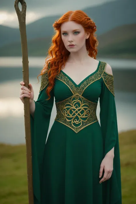 outdoor Scottish highlands, vivid sunset hues, fantasy setting. A striking redhead woman, (distinctly Scottish), wearing an elaborate elven inspired gown is a fusion of deep emerald green and earthy browns, with intricate Celtic knotwork embroidery in gold thread, Flowing sleeves, a fitted bodice+, short skirt , fiery red hair is styled in a cascade of loose curls, green eye, stands atop a grassy knoll, overlooking a misty loch. In her hands, she holds an ancient, rune carved staff, emanating a soft, other worldly glow.,