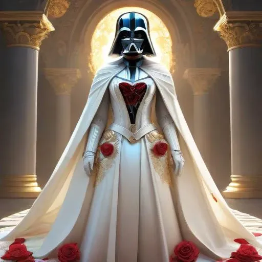 perfectly - centered!! looking at the camera!!! low - angle!! full body portrait of white darth vader dressed in wedding dress, clothed, with roses, wet, shiny, shiny skin, bright lighting, godrays, golden, baroque style, roses, intricate abstract upper body intricate artwork, by tooth wu, wlop, beeple, dan mumford. concept art, octane render, deviantart, greg rutkowski, cinematic arthouse, key art, hyper realism, iridescent accents(composition{[.707_trigonometric_discretization_scalar*1.618033988749895âlighting_angle_quantization_color_reflection_modeling_aesthetic_spacing_principles*scene_structure]}),(quality{[intricate_insane_exponential_details_8k_resolution_volumetric_lighting_depth_of_field_FullFrame_36x24mm]}),