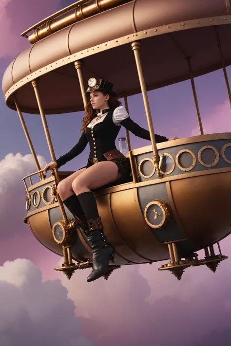 (solo-focus, cinematic photoshoot of perfect seductive young woman riding Steampunk Airship:1.3), majestic steampunk airship adorned with intricate brass gears and glowing steam vents, navigating through a sky streaked with amber and violet hues, amidst floating islands and surreal cloud formations.