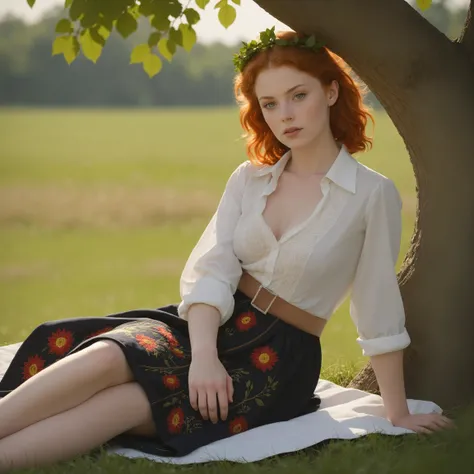 (style of Bob Mizer, Caravaggio, Rembrandt Lighting:1.3), wide cinematic establishing shot seductive young woman picnic under tree, (Layered Depth, Parallax Effect, Soft focus foreground, Painted Scenery:1.3), (cleavage, bra, medium breasts, young adult Irish redhead:1.25), short backlit hair, perfect face, thin upper lip, pouty lower lip, thin brows, small upturned nose, bow-shaped lips, large expressive almond shaped eyes, Raised Eyebrows, Focused Gaze, eager expression, BREAK quaint farm setting, (relaxed country woman), (tight unbuttoned shirt, thin material), subsurface scattering, silk classic cotton, soft pastel, intricate embroidery collar cuffs, rolled-up sleeves revealing sun-kissed forearms BREAK (blanket:1.3), rich textures, patchwork design, vibrant colors, detailed stitching, homely aesthetic (skirt), elegant rustic charm, subtle floral pattern, linen, sways breeze BREAK ((wildflower wreath)) crown delicate chain necklace, small, intricate pendant, heart-shaped with floral theme, glowing subtly in the soft light, ethereal quality:1.2), [lens flare glinting], (mischievous yet content expression), (sneaking away for a break), lush green fields in the background, (soft, sunlit ambiance), simple leather boots, carefree hair,