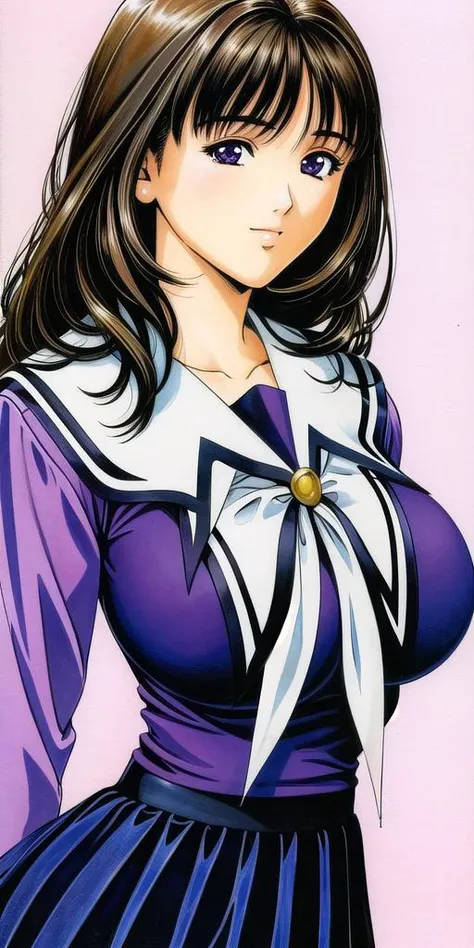 yoshizuki_iori, huge_breasts, standing, solo, <lora:yoshizuki_ioriV4:.9> school_uniform_purple_shirt_blue_skirt_white_neckerchief_black_thighhighs, masterpiece, best quality, detailed face, detailed eyes, highres,