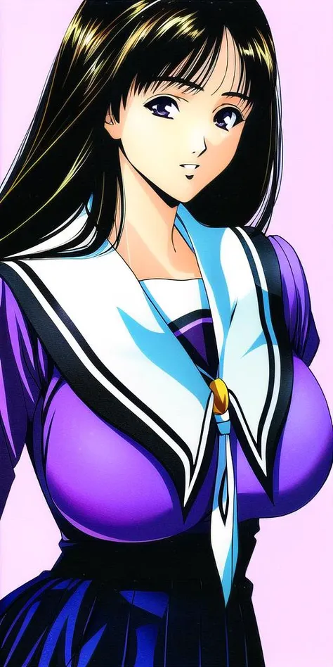 yoshizuki_iori, huge_breasts, standing, solo, <lora:yoshizuki_ioriV4:1> school_uniform_purple_shirt_blue_skirt_white_neckerchief_black_thighhighs, masterpiece, best quality, detailed face, detailed eyes, highres,