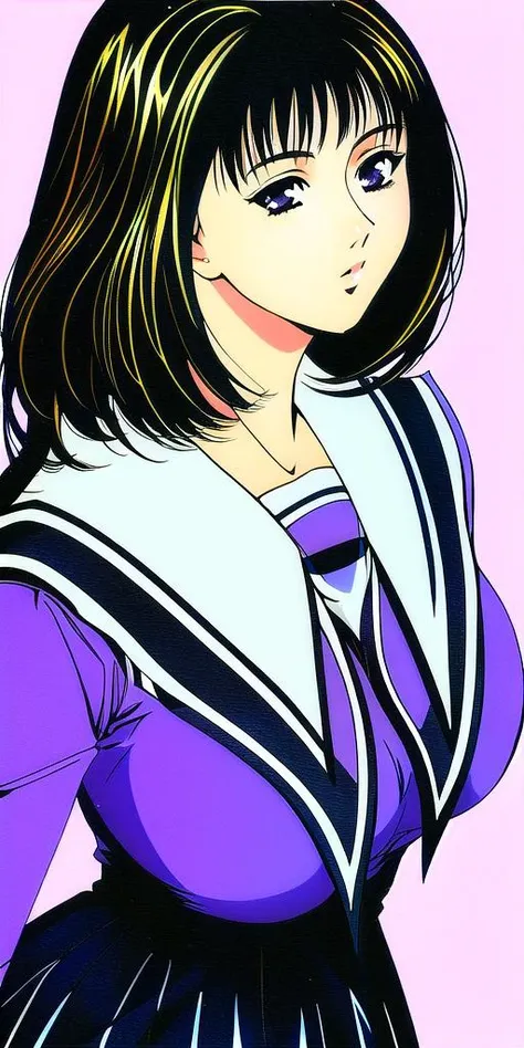 yoshizuki_iori, huge_breasts, standing, solo, <lora:yoshizuki_ioriV4:1> school_uniform_purple_shirt_blue_skirt_white_neckerchief_black_thighhighs, masterpiece, best quality, detailed face, detailed eyes, highres,