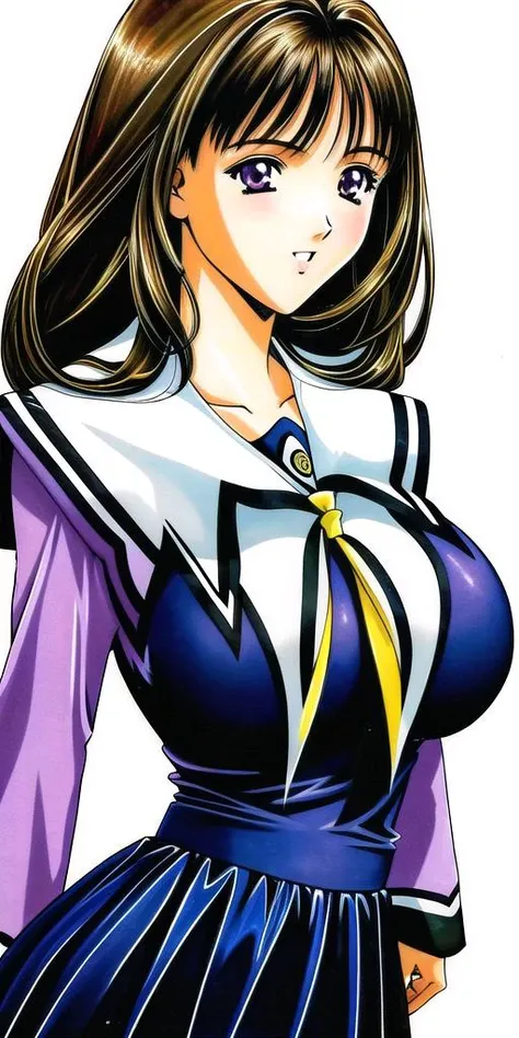 yoshizuki_iori, huge_breasts, standing, solo, <lora:yoshizuki_ioriV4:1> school_uniform_purple_shirt_blue_skirt_white_neckerchief_black_thighhighs, masterpiece, best quality, detailed face, detailed eyes, highres,