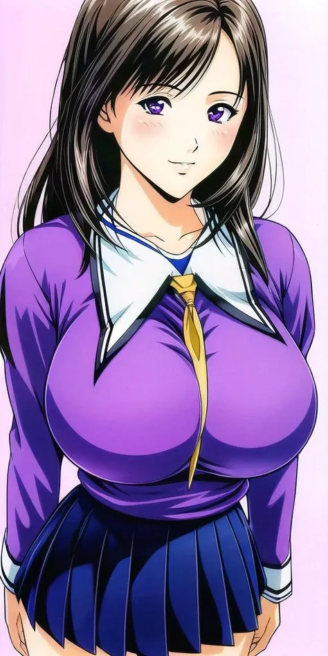 full nude、official art、girl、cute 、pubic hair、濃いpubic hair、tits、big breasts、nipple 、sweating all over、twin tails、black hair、Idol、NSFW、thighs、embarrassing,vagina（yoshizuki_iori,School_uniform_Purple_shirt_Blue_skirt_White_neckerchief_Black_thighhighs）