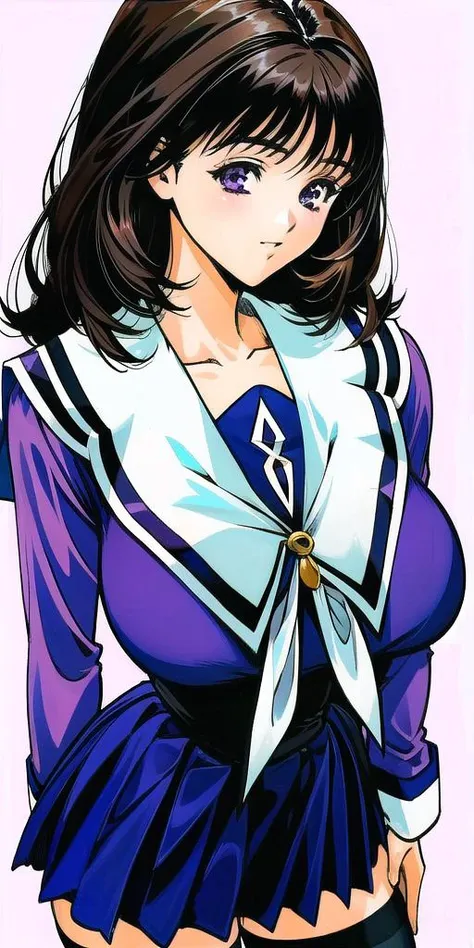 yoshizuki_iori, huge_breasts, standing, solo, <lora:yoshizuki_ioriV4:1> school_uniform_purple_shirt_blue_skirt_white_neckerchief_black_thighhighs, masterpiece, best quality, detailed face, detailed eyes, highres,