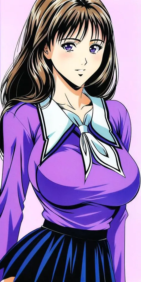 yoshizuki_iori, huge_breasts, standing, solo, <lora:yoshizuki_ioriV4:1> school_uniform_purple_shirt_blue_skirt_white_neckerchief_black_thighhighs, masterpiece, best quality, detailed face, detailed eyes, highres,