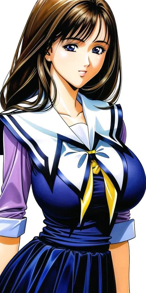 yoshizuki_iori, huge_breasts, standing, solo, <lora:yoshizuki_ioriV4:.8> school_uniform_purple_shirt_blue_skirt_white_neckerchief_black_thighhighs, masterpiece, best quality, detailed face, detailed eyes, highres,