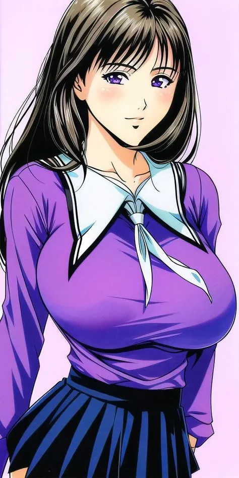 yoshizuki_iori, huge_breasts, standing, solo, <lora:yoshizuki_ioriV4:.9> school_uniform_purple_shirt_blue_skirt_white_neckerchief_black_thighhighs, masterpiece, best quality, detailed face, detailed eyes, highres,