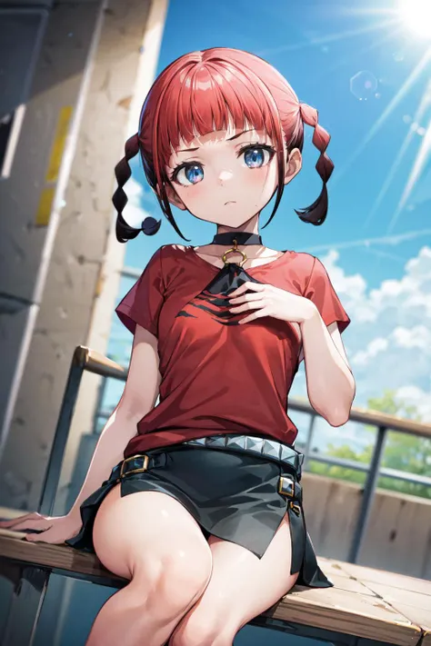 hoshino_miyako, red eyes, red hair, short hair, hair over one eye, white shirt, t-shirt, track jacket, track pants, amordazado, esclavitud shibari, manos y brazos atados, esclavitud shibari, bdsm, Arms tied behind the back, arms behind the back, Arms tied behind the back, muslos atados, patas atadas, amordazado, brazos atados, arms behind the back, de frente, mordaza de bola, bdsm,esclavitud, amordazado, sitting position, kneeling position, in the room, mordaza de bola color roja, gag de correas, viendo hacia el espectador, looking towards the camera, shrimp position, babear, babeando, saliva en la gag, basement, sonrojada, en celo