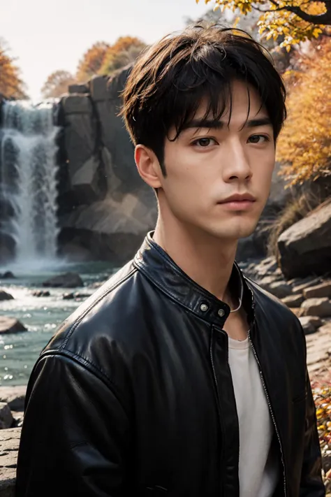 1male, detailed face, handsome, solo, pilot, short hair, diagonal bangs, in autumn, sky, waterfall, muscle man, leather jacket, album cover,