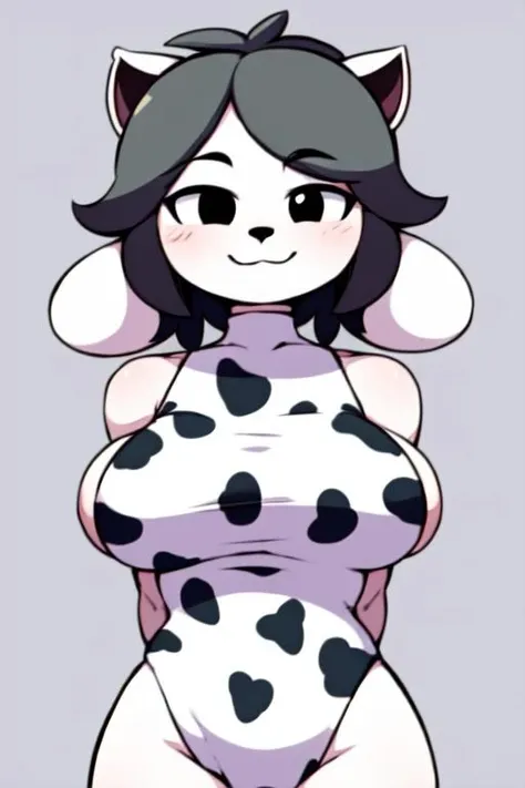 masterpiece, best quality,
<lora:Temmie:0.6> , temmie, 1girl, animal ears, furry, furry female, smile, solo, cute, large breasts, grey hair, body fur, black eyes, short hair, white fur, <lora:CowLeotard:0.9> breasts, 1girl, solo, cow print, highleg leotard, underboob cutout