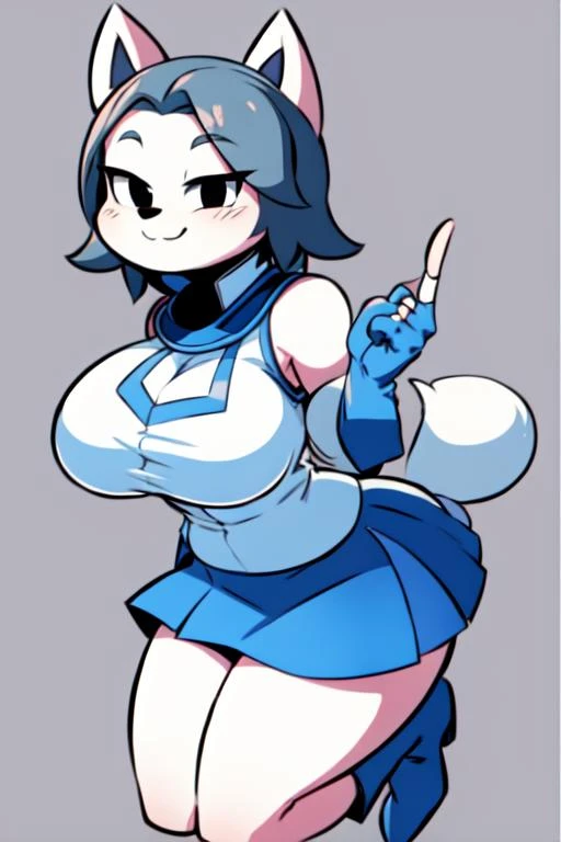 masterpiece, best quality,
 <lora:Temmie:0.6> , temmie, 1girl, animal ears, furry, furry female, smile, solo, cute, large breasts, grey hair, body fur, black eyes, short hair, white fur,  <lora:obuniform:0.8> , obuniform, sleeveless, bare shoulders, elbow gloves, blue gloves, fingerless gloves, blue skirt, white jacket, blue footwear, boots, , card, holding, holding card