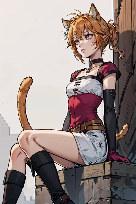 <lora:lyreV1:.9> def_lyre, cat tail, choker, gloves, detached sleeves, belt, white shorts, from below, sitting, , short boots