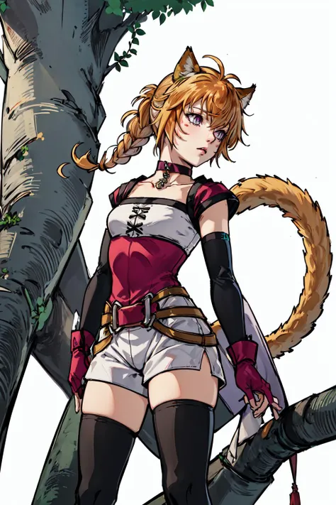 <lora:lyreV1:1> def_lyre, cat tail, cat ears, choker, gloves, detached sleeves, portrait, looking away, belt, white shorts, thighhighs, black footwear,standing, from below, foreshortening, (on top of a tree, tree branch, lookout:1.1), outdoors