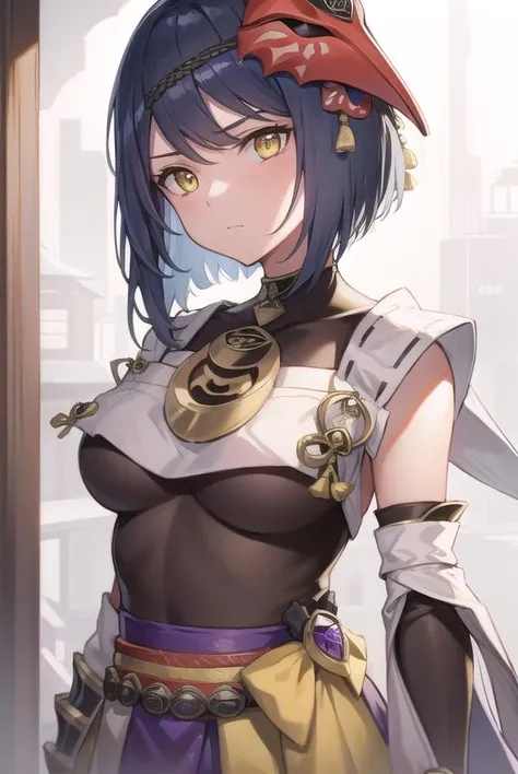 sarakujou, <lora:sarakujou-lora-nochekaiser:1>,
sara kujou, blue hair, short hair, swept bangs, (yellow eyes:1.5),
BREAK bird mask, gloves, leotard, bracer, detached sleeves, elbow gloves, gloves, japanese clothes, jewelry, leotard, mask, mask on head, obi, pelvic curtain, pendant, sash, sleeveless, vision (genshin impact), wide sleeves,
BREAK looking at viewer,
BREAK outdoors,
BREAK <lyco:GoodHands-beta2:1>, (masterpiece:1.2), best quality, high resolution, unity 8k wallpaper, (illustration:0.8), (beautiful detailed eyes:1.6), extremely detailed face, perfect lighting, extremely detailed CG, (perfect hands, perfect anatomy),