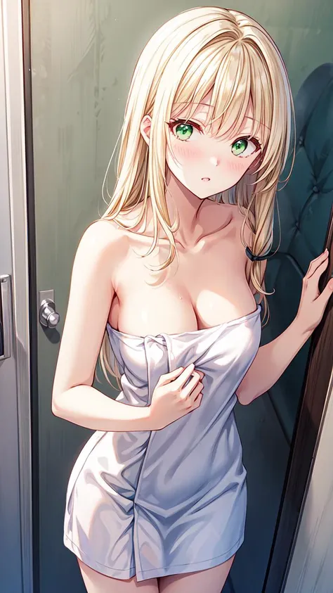 masterpiece,best quality,highres,illustration,hyper detailed,8k cg wallpaper,ray tracing,((blonde hair:1.1)),((long hair:1.1)),straight hair,((green eyes:1.1)),medium breasts,<lora:å¢å ç´°ç¯>,(hiten1:0.8),naked towel,<lora:naked_towel:1>,blush,cleavage,indoors,standing,