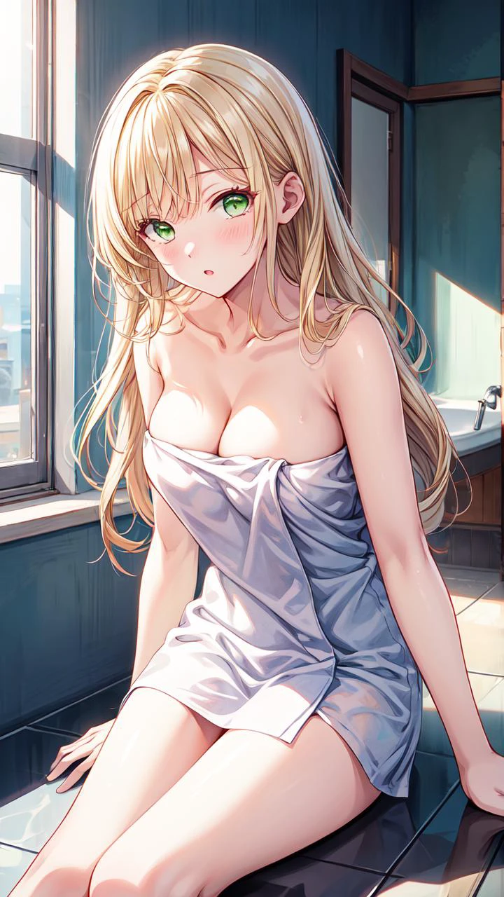 masterpiece,best quality,highres,illustration,hyper detailed,8k cg wallpaper,ray tracing,((blonde hair:1.1)),((long hair:1.1)),straight hair,((green eyes:1.1)),medium breasts,<lora:å¢å ç´°ç¯>,(hiten1:0.8),naked towel,<lora:naked_towel:1>,blush,cleavage,indoors,