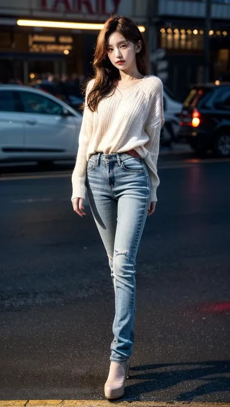 city, streets, day, happy, sweater, jeans, <lora:more_details:1> 
<lora:kpop_makina69_yeji_v2.0:1>, photography, Canon 80D, Fujifilm, RAW photo, photo, sharp focus, beautiful eyes, detailed eyes, cinematic lighting, professional lighting, natural light, ray tracing, volumetric light, masterpiece, best quality, high quality, highres,  ultra highres,, 1girl, standing, full body, full length shot, solo, eye contact, shiny eyes, (looking directly at viewer:2), facing viewer, detailed skin, red lips, rosy cheeks, smooth skin, detailed hair, <lora:PerfectFullBreasts-fCV3.5:1> , pureerosfaceV1.9Q3J, [:(detailed face:1.2):0.2]