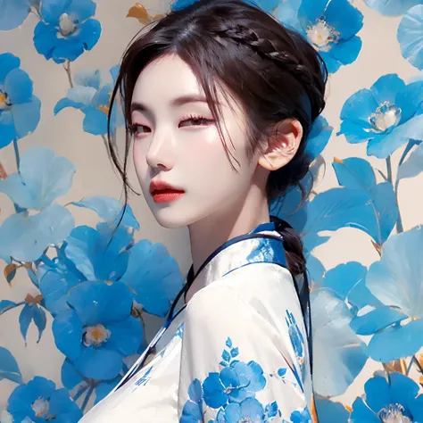 close-up of face of lady standing, front view, straight on, fine blue floral background, (highest quality, ultra-detailed, photo-realistic, SIGMA 80mm f1.4), qinghua, fine pattern, hanfu, (long_neck,:1.2), broad_forehead, brown_eyes, orange_eyeliner, (smile:0.4), (cheek:1.4), pale_lip, (pale_skin), detailed_skin, french_braid_ponytail, perky_breasts, professional lighting, <lora:makina69_yeji_v1.1:1> <lora:eye_opening_v2.0:2.7> <lora:FaceSizeAdjuster:-0.7> <lora:PerfectFullBreasts-fCV3:1.2> <lora:raita:0.4> <lora:qinghua_20230804095341:0.5>