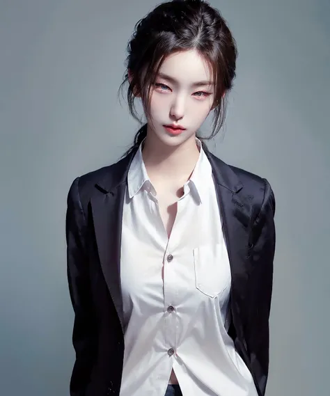 (portrait from just in front, slightly below:1.2), 24 years old lady standing, facing straight at viewer, pale blue background, (from breasts to head in frame, straight on), (masterpiece, wallpaper, RAW photo, highest quality, ultra-detailed, absurdres, photo-realistic), BREAK
(extremely skin-tight white shirt with collar, long sleeves, fully buttoned, rolled-up sleeves:1.4), a hand behind back of neck, elegant, classy, formal, serious, high fashion, small head, (long neck:1.2), broad forehead, (smile:0.3), (cheek:1.4), pale skin, french braid ponytail, (LARGE BREASTS:0.5), professional lighting, BREAK
<lora:makina69_yeji_v1.1:0.8> <lora:eye_opening_v2.0:1.5> <lora:FaceSizeAdjuster:-0.9> <lora:detailed_eye:0.7> <lora:PerfectFullBreasts-fCV3:1.3> <lora:OC:0.15> <lora:LowRA:0.3> <lora:flat2:-0.6>