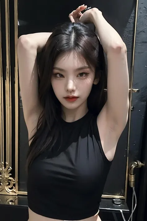 best quality, masterpiece, (photorealistic:1.4), (highly intricate details), 1girl, black shirt, sleeveless, black hair, slim body, long hair, simple background, (bangs:1.2), red hair, eyeshadow, eyeliner, arms up, looking at viewer, dynamic pose, dance pose, head tilted up