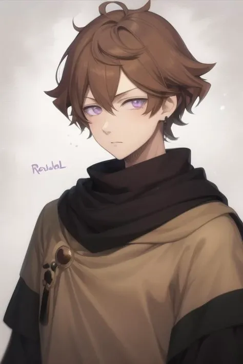 masterpiece, best quality, high quality, 1boy, solo, male focus, looking at viewer, upper body, <lora:finral_roulacase:0.72>, finral_roulacase, brown hair, purple eyes,