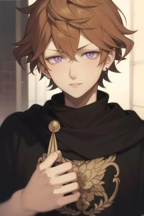 masterpiece, best quality, high quality, 1boy, solo, male focus, looking at viewer, upper body, <lora:finral_roulacase:0.72>, finral_roulacase, brown hair, purple eyes,