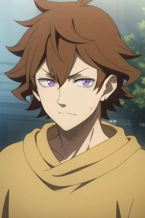 masterpiece, best quality, high quality, 1boy, solo, male focus, looking at viewer, upper body, <lora:finral_roulacase:0.74>, finral_roulacase, brown hair, purple eyes,