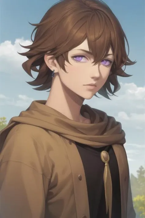 masterpiece, best quality, high quality, 1boy, solo, male focus, looking at viewer, upper body, <lora:finral_roulacase:0.80>, finral_roulacase, brown hair, purple eyes, realistic
