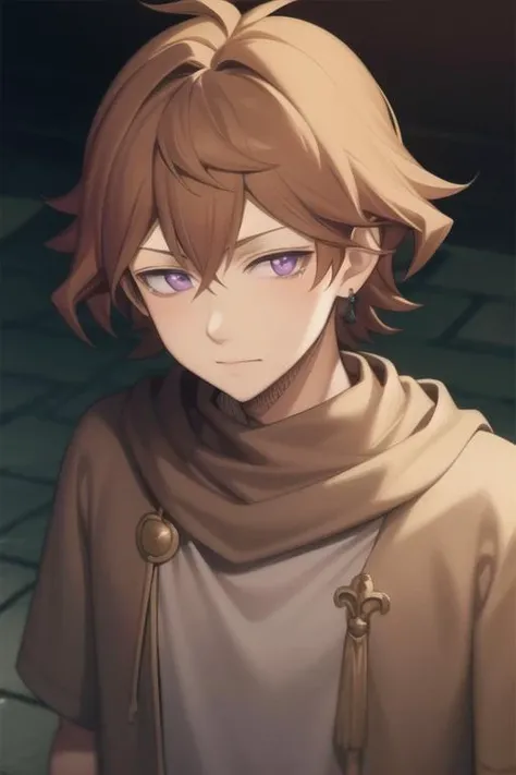 masterpiece, best quality, high quality, 1boy, solo, male focus, looking at viewer, upper body, <lora:finral_roulacase:0.80>, finral_roulacase, brown hair, purple eyes,