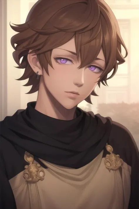 masterpiece, best quality, high quality, 1boy, solo, male focus, looking at viewer, upper body, <lora:finral_roulacase:0.80>, finral_roulacase, brown hair, purple eyes, realistic