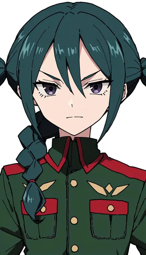 score_9, score_8_up, score_7_up, score_6_up, score_5_up, score_4_up, BREAK source_anime, white background, looking at viewer, pose, ((v)), military uniform,, ((anime screencap, flat color)), 1boy, mistorene callus, green hair, purple eyes, single braid, long hair,  <lora:Mistrene_Callus_r2:1>