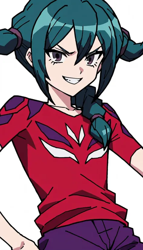 score_9, score_8_up, score_7_up, score_6_up, score_5_up, score_4_up, BREAK source_anime, white background, evil grin, looking at viewer, pose, purple shorts, red shirt, soccer uniform,, ((anime screencap, flat color)), 1boy, mistorene callus, green hair, purple eyes, single braid, long hair, <lora:Mistrene_Callus_r2:1>