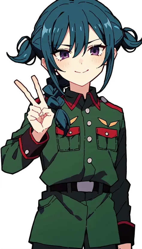 score_9, score_8_up, score_7_up, score_6_up, score_5_up, score_4_up, BREAK source_anime, white background, looking at viewer, pose, smile, full body, (((v))), military uniform,, ((anime screencap, flat color)), 1boy, mistorene callus, green hair, purple eyes, single braid, long hair,  <lora:Mistrene_Callus_r2:1>