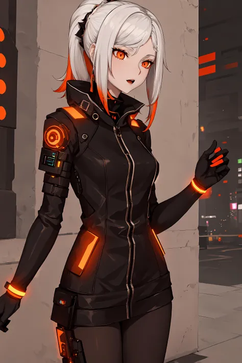 <lora:Chasia_FFXIV_v2:0.7> chasia, masterpiece, best quality, white hair,pale skin , orange eyes, 1girl, solo, cyberpunk, downtown, night, neon, techwear, close up
