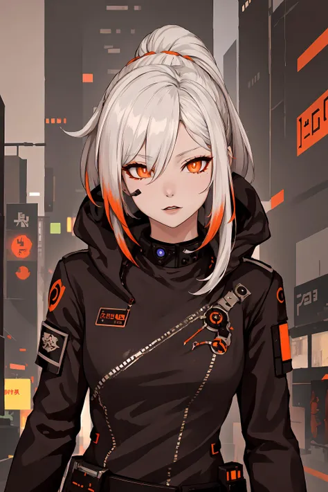 <lora:Chasia_FFXIV_v2:0.7> chasia, masterpiece, best quality, white hair,pale skin , orange eyes, 1girl, solo, cyberpunk, downtown, night, neon, techwear, close up