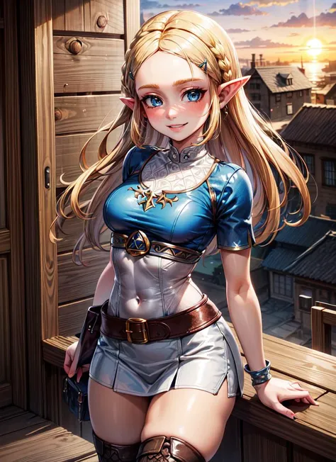 ((best quality)), ((highly detailed)), masterpiece, absurdres, extremely detailed face, beautiful face, (detailed eyes, deep eyes), <lora:more_details:.7>, (1girl), dynamic pose, cowboy shot, <lora:Zelda-Legendaer:.7>, zelda, blonde hair, long hair, blue eyes, pointy ears, medium breasts, smiling, blue shirt, short sleeves, skirt, boots, (outdoors, in a house, sunset)