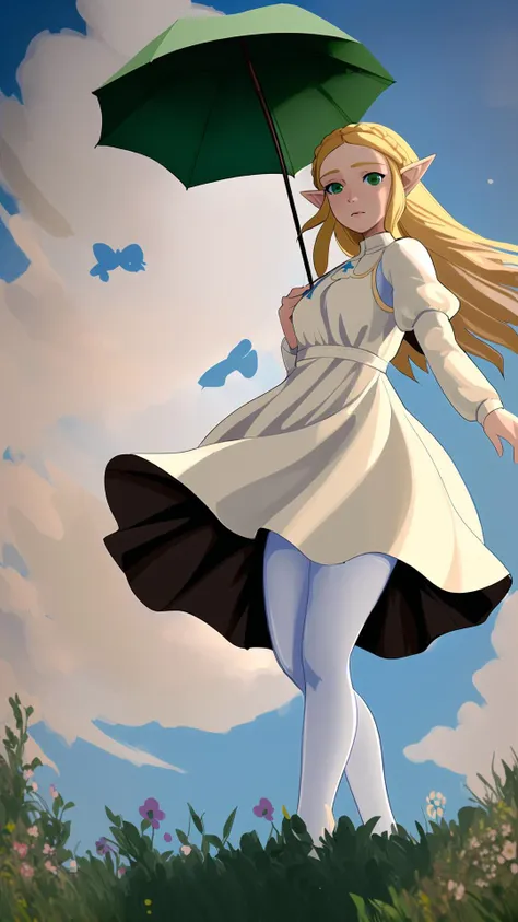 <lora:woman_with_a_parasol_parody:0.8> woman with a parasol holding umbrella, white dress, sundress, sun hat, distant, <lora:Zelda:0.8> zelda, blonde hair, green eyes, long hair, pointy ears, crown braid, pantyhose, miniskirt,