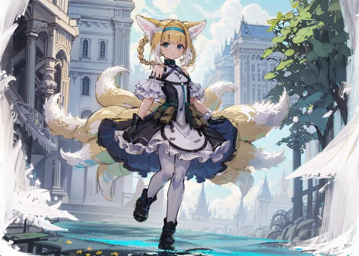 1girl, full body, solo, animal ears, blue hairband, blue eyes, blonde hair, closed mouth, two-tone hair, twin braids, earpiece, infection monitor (arknights), flat chest, white hair, purple skirt, single glove, single wrist cuff, frilled dress, white pantyhose, black footwear, fox tails, multiple tails, default outfit,
standing, from side, (looking at viewer), depth of field,
(background
(fairyland,dynamicangle,seaofflowers,beautifuldetailedgarden,wind,classic,spring, (detailedlight),feather,nature,(sunlight),river,forest,(((floatingpalace))),((thebestbuilding)),beautifulanddelicatewater,(painting),(sketch),(bloom),(shine))
),
<lora:Arknights_Suzuran-LionV3:0.9>
