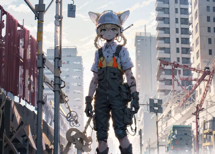 1girl, full body, solo, straight-on, (looking at the side), (walking:0.3), (standing:0.7),
(petite, infant girl), (animal ears, fox ears), fox girl, blonde hair, construction worker, (white helmet:1.4), dirty helmet, short hair, single braid, dirty face, gloves with holes, boots with mud, overalls with rips and patches, collared white shirt, multiple tails, kyuubi,
(background
(daytime, construction site, skyscraper under construction, tower crane, rebar, concrete mixer truck in the distance, scaffolding, piles of bricks and sandbags, safety cones and signs, dust)
),
<lora:Arknights_Suzuran-LionV3:0.7>