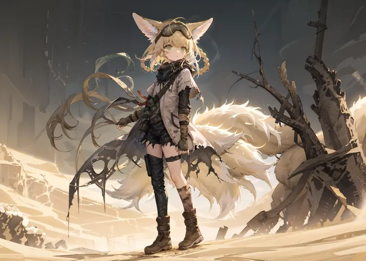 1girl, full body, solo, from side, (looking away:1.4), (walking:0.3), (standing:0.7),
(petite, (dirty:1.4)), animal ears, goggles, goggles on head, green eyes, blonde hair, parted lips, (dirty face), expressionless, two-tone hair, white hair, short hair, braid, floating hair, black scarf, torn clothes, dirty clothes, jacket, shirt, ((kyuubi), multiple tails, fox tails), long sleeves, ((red armband)), black gloves, fingerless gloves, flat chest, torn pants, black pants, thigh strap, (asymmetrical), single bare leg, single pantsleg, brown boots, (Lostlands Flowering:1.3),
(background
((scenery:0.28), (desert), sand dunes, midday sky, hazy, dry, windy, barren, cactus, camel bones, dead tree, (ruins:0.6), strong wind, (sandstorm:0.7))
),
<lora:Arknights_Suzuran-LionV3:0.8>